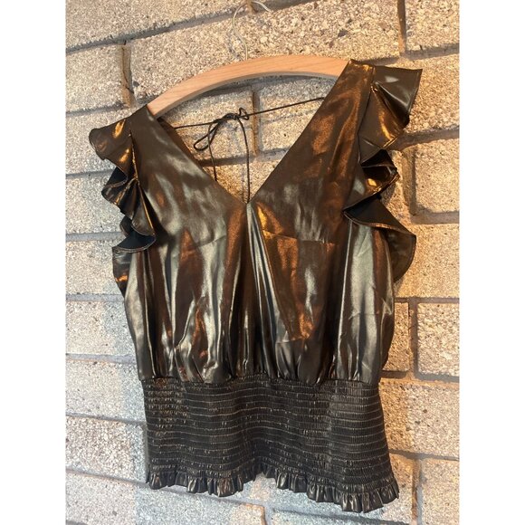 Shiny Black Metallic V-Neck Top With Ruffle Sleeves & Smocked Waist - Picture 2 of 7
